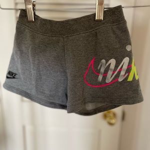 Nike girls gray sweatshorts, size Medium/6, cute neon logo on left leg